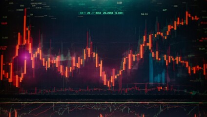 Poster - Perspective on the growth of the stock market business investment and data concepts with digital financial graphs Diagrams and indicators on a blurred red background.