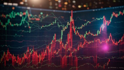 Poster - Perspective on the growth of the stock market business investment and data concepts with digital financial graphs Diagrams and indicators on a blurred red background.