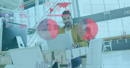 Poster - Animation of statistical data processing against biracial man using laptop at office