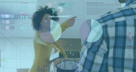 Poster - Animation of statistical data processing against biracial couple unboxing items at new home