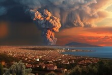 Imagination Of Campi Flegrei Caldera Eruption In Italy. Generative AI.
