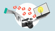 © Andrii - Contemporary art collage of female hand taking photo with camera and laptop. Icons of likes. Concept of creativity and ideas, social media, influence, popularity, inspiration. Modern design