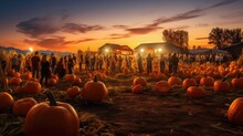 Pumpkins On A Pumpkin Patch Farm Autumn Fall Festival With Lights And People, Generative Ai