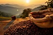 fragrant roasted coffee beans in sac on scenic hill at dawn. Generative AI