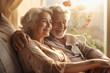 © Anoo - Elderly couple, husband and wife relaxing on the sofa, laughing cheerfully, joking together, happy couple hugging at home, smiling, enjoying family vacation, senior love concept. Romance. Love.