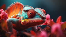 Chameleon On The Flower. Beautiful Extreme Close-up. Made With Generative Ai