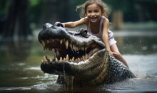 With A Big Smile On Her Face, The Little Girl Fearlessly Took A Ride On The Back Of The Alligator.