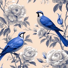 Chinoiserie Art Rose With Blue Jay Bird Classic Mural Painting 