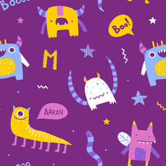 Wall Mural - cute pattern with funny monsters for children. abstract vector print with naive monsters for kids te