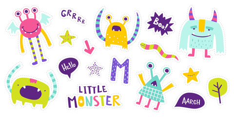 Wall Mural - set of cute doodle monster stickers. vector collection of funny beasts for kids. bright cartoon mons