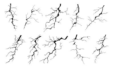 Wall Mural - Lightning strike bolt silhouettes vector illustration set. Black thunderbolts and zippers are natural phenomena isolated on a white background. Thunderstorm electric effect of light and shining flash.