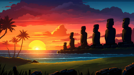 Wall Mural - Illustration of the beautiful view of the huge statues on Easter Island, Chile