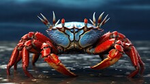 Beautiful Big Crab Close-up. Sea Crab In The Wild. Close-up Of A Red Crab On The Shore. Sally Lightfoot Crab. Blue Crab. Generative Ai.