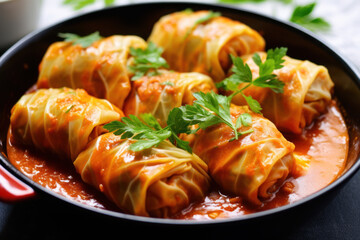 Cabbage rolls stuffed with minced meat and rice in tomato sauce.