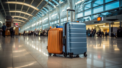 Wall Mural - Luggage suitcases at airport hall with blurred background - traveling concept
