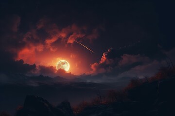 Wall Mural - Fantasy red moon. Nature light. Generate Ai