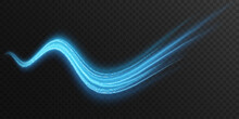 Abstract Glowing Wavy Trail Isolated On Transparent Black Background. Luminous Blue Neon Shape Wave. Light Effect. Vector Illustration.