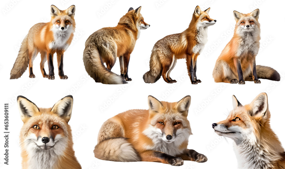 Fox, many angles and view portrait side back head shot isolated on transparent background cutout, PNG file