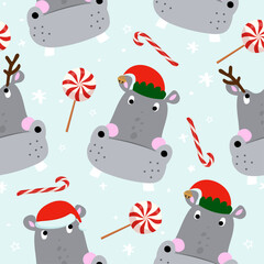 Wall Mural - Christmas pattern witch cute hippos - funny hand drawn doodle, seamless pattern. Designer poster or t-shirt textile graphic design. Wallpaper, wrapping paper background. I want a hippopotamus for Xmas