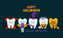 Trick Or Treat, Brush Your Teeth - Tooth In Witch Costume With Broom And Witch Hat. Happy Halloween Illustration. Good For Prints On T-shirt And Bag, Poster, Card. Dental Prevention For Children.