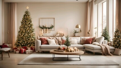 Large living room with decorated christmas tree and christmas gift, white style, festive, luxurious.