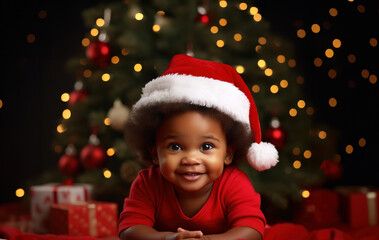 portrait happy smiling christmas baby with present, african american boy smiling in santa claus hat 