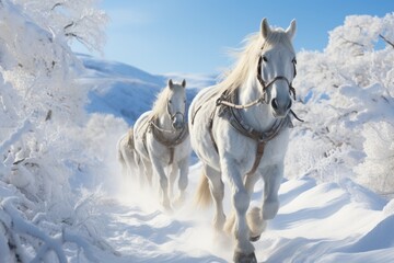 Wall Mural - Horses are walking in the snow, AI