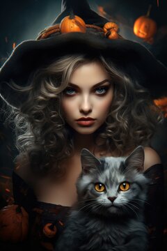 Beautiful witch posing with her cat. Woman wearing  medieval dress. Magic academy. Made with Generative AI