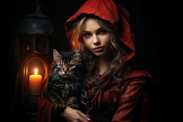 Wall Mural - Beautiful witch posing with her cat. Woman wearing red medieval dress. Made with Generative AI