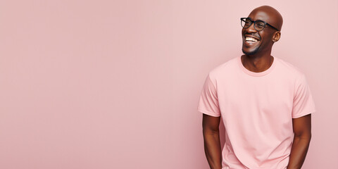 Wall Mural - Handsome african american man wearing pink t-shirt and glasses. Isolated on pink background.