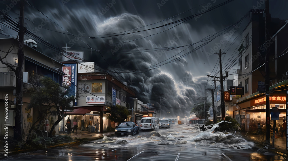 Apocalyptic view of the tsunami wave, flooding in the city during a ...