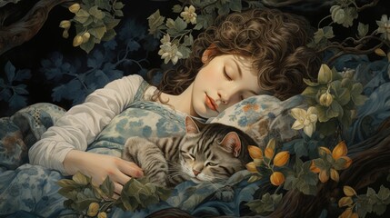 Wall Mural - A painting of a girl sleeping with a cat, AI