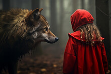 Little Red Riding Hood: Little Girl In A Red Cape With A Wolf In The Forest