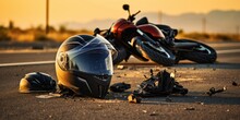 Photo Of Helmet And Motorcycle On Road, Concept Of Road Accidents. Generative AI