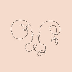 Sticker - One line drawing. Happy and in love bride and groom. Fashionable couples style.