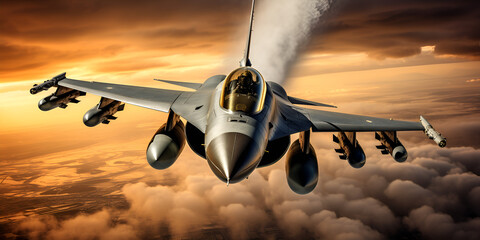 Wall Mural - Polish Air Force military f-16 fighter jet close up flying throuh the Cloudy sunset sky Background