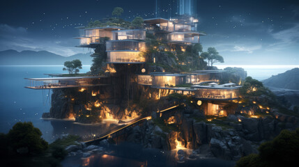 Wall Mural - futuristic city on a rocky outcrop on the coast