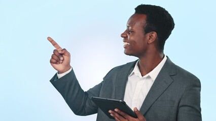 Poster - Black man, tablet and pointing at presentation for business, digital information and learn on blue background. Portrait, corporate seminar and project ideas, website ads and communication in studio