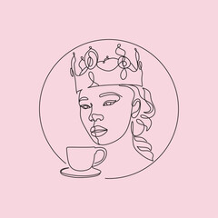 Canvas Print - Coffee Continuous one line drawing. Woman qween of beans relaxing with cup of tea. Vector illustration