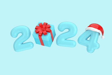 Poster - Blue Bubble 2024 New Year Sign with Gift Box and Santa Hat. 3d Rendering