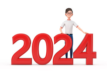Poster - Cartoon Character Person Man with Red 2024 New Year Sign. 3d Rendering