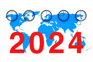 Poster - Set of Clocks with Different World Time, Blue World Map and New 2024 Year Sign. 3d Rendering