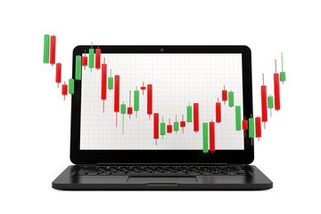 Poster - Green and Red Trading Financial Candlesticks Pattern Chart in Front of Modern Laptop Notebook Computer. 3d Rendering