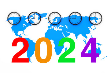 Poster - Set of Clocks with Different World Time, Blue World Map and New 2024 Year Sign. 3d Rendering