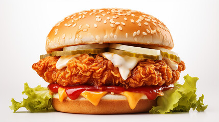 Wall Mural - Double Chicken burger with ketchup, cheese, and mayonnaise on isolated white background. Made with generative ai