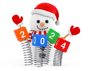 Poster - New Year Concept. Snowman near Christmas Spring Cubes with 2024 New Year Sign. 3d Rendering