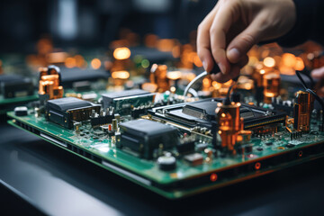 Poster - a close-up of a worker's hands meticulously assembling intricate electronic components in a factory.