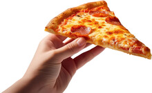 Hand Holding Delicious Slice Of Pepperoni, Cheese, Salami, PNG, Transparent, Isolate.