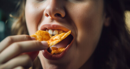 Person eating delicious potato chips. Close up of mouth eat potato chips. Chips with teeth. Tasty delicious fast food. Eating crisps. Fast food close-up unhealthy snack