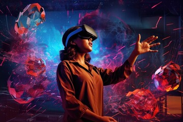 Woman in vr glasses in fantasy world.